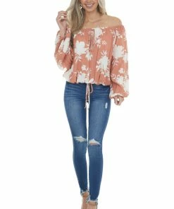 Ces Femme Coral Tropical Floral Print Off Shoulder Top Tops