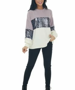 She + Sky Mauve And Ivory Colorblock Sequined Top
