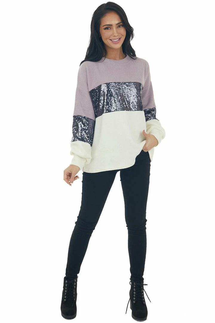 She + Sky Mauve And Ivory Colorblock Sequined Top 4 She + Sky Mauve And Ivory Colorblock Sequined Top