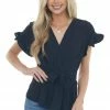 Umgee Black V Neck Blouse With Front Tie Detail Tops