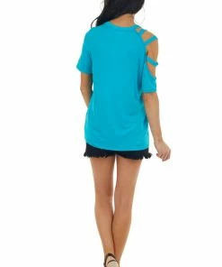 BiBi Tops Vivid Sea Blue One Caged Sleeve Soft Short Sleeve Knit Top