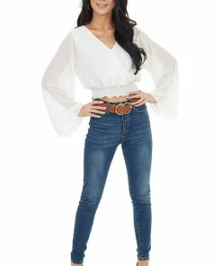 Peach Love Tops Pearl Swiss Dot Long Kimono Sleeve Crop Top With Tie Detail