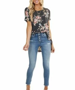 BOMBOM Tops Charcoal Floral Print Short Sleeve Top With Rounded Hemline 31 BOMBOM Tops Charcoal Floral Print Short Sleeve Top With Rounded Hemline
