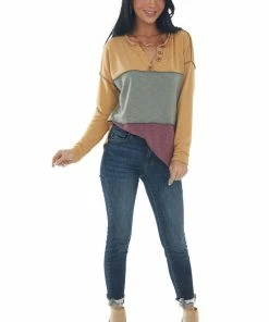 BiBi Amber And Berry Colorblock Henley Knit Top Tops