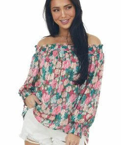 Umgee Tops Teal Sheer Floral Off The Shoulder Top