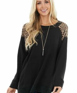 Umgee Tops Black Long Sleeve Top With Leopard Print Detail On Shoulders