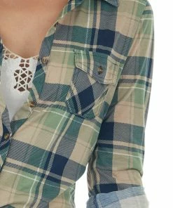 Fashion Cargo Tops Pistachio And Navy Plaid Top With Chest Pocket