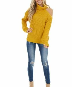 La Miel Mustard Long Sleeve Knit Sweater With Cold Shoulder
