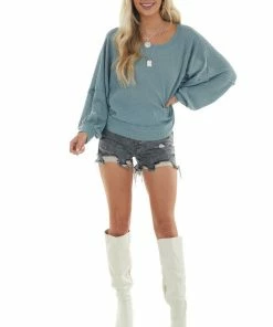 She + Sky Faded Teal Waffle Knit Puff Sleeve Loose Top