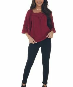 Umgee Maroon Flare Sleeve Lace Trim Blouse