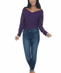 BiBi Tops Grape Criss Cross Brushed Waffle Knit Top