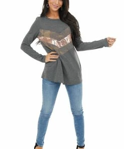 Lovely Melody Charcoal Long Sleeve Top With Sequin And Camo Details