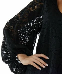 Vine & Love Tops Black Floral Lace Long Bubble Sleeve Blouse