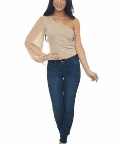 LE LIS Tops Peach Shimmery One Shoulder Ruched Bodysuit