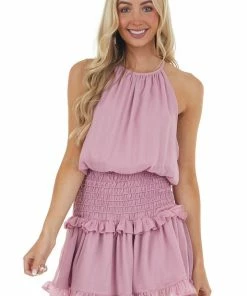 Do + Be Bright Mauve Halter Mini Dress With Smocked Ruffle Detail