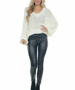 Fantastic Fawn Cream V Neck Long Sleeve Ribbed Knit Sweater