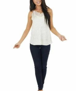 Jodifl Tops Cream Leopard Print Satin Tank Top With Lace Neckline Detail
