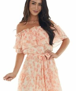 Flying Tomato Dresses Peach Floral Off Shoulder Ruffle Tiered Dress