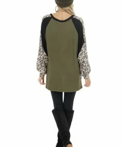 First Love Tops Olive Leopard Print Colorblock Long Sleeve Loose Fit Top