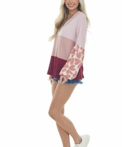 Hailey & Co Mauve Colorblock Waffle Knit Long Sleeve Top