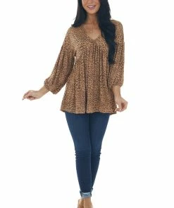 IWT Brands Copper Leopard Print V Neck Babydoll Knit Top Tops