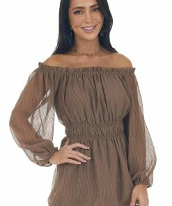 143 Story Coffee Textured Off Shoulder Smocked Waist Top Tops 23 143 Story Coffee Textured Off Shoulder Smocked Waist Top Tops