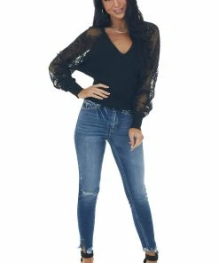 Peach Love Tops Black V Neck Lace Long Sleeve Knit Top