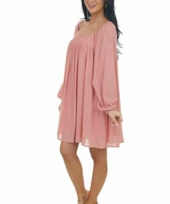 143 Story Dresses Hazy Coral Swiss Dot Square Neck Flowy Dress