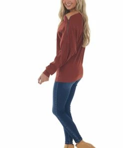 Hayden Tops Rust Off Shoulder Ribbed Knit Top With Zipper Detail