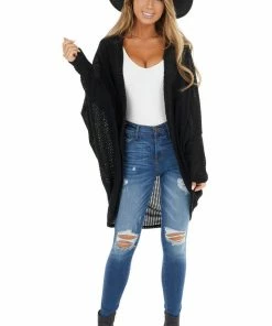 FSL APPAREL Black Waffle Knit Long Sleeve Cardigan With Cocoon Hem