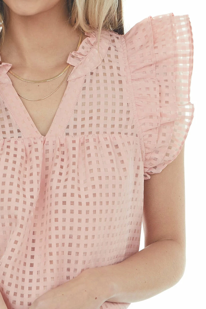 Entro Blush Gingham Ruffle Cap Sleeve Notch Neck Top Tops 12 Entro Blush Gingham Ruffle Cap Sleeve Notch Neck Top Tops