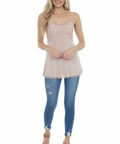 POL Clothing Crepe Pink Sleeveless Cami Top With Floral Lace Bust And Hem Tops 25 POL Clothing Crepe Pink Sleeveless Cami Top With Floral Lace Bust And Hem Tops