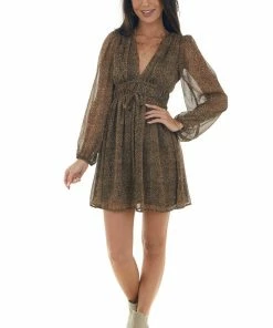Lush Clothing Dresses Cognac Leopard Print Deep V Neck Mini Dress