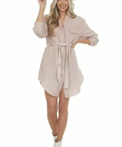 Peach Love Dusty Blush Washed Button Down Shirt Dress