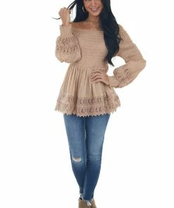 Nostalgia Latte Smocked Off Shoulder Babydoll Lace Top Tops