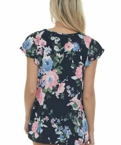 HEIMISH Black Floral Print Chest Cut Out Detail Top