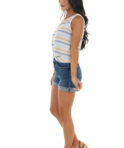 Lush Clothing Off White Striped Front Knot Knit Tank Top Tops