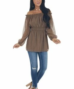 143 Story Coffee Textured Off Shoulder Smocked Waist Top Tops 24 143 Story Coffee Textured Off Shoulder Smocked Waist Top Tops