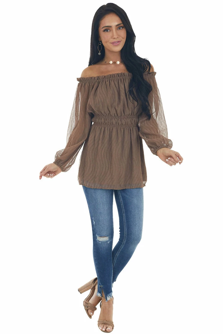 143 Story Coffee Textured Off Shoulder Smocked Waist Top Tops 11 143 Story Coffee Textured Off Shoulder Smocked Waist Top Tops