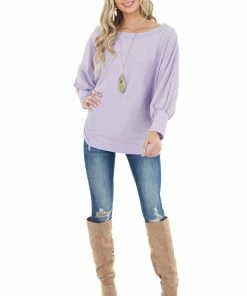 Veveret Tops Lavender Oversized Boat Neck Top With Long Dolman Sleeves