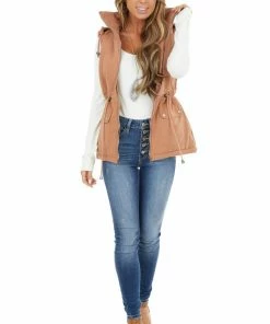 HYFVE Dusty Salmon Sleeveless Zip Up Vest With Mock Neckline Outerwear