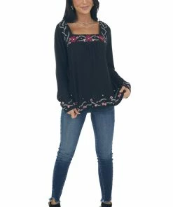 Andree Black Floral Embroidered Babydoll Knit Top Tops