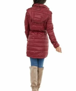 Style Melody Wine Zip Up Adjustable Puffer Coat With Removable Hood