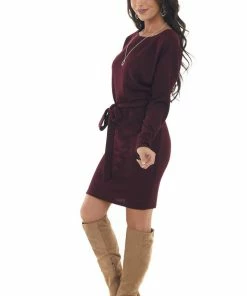 She + Sky Dresses Dark Wine Ribbed Long Sleeve Short Dress
