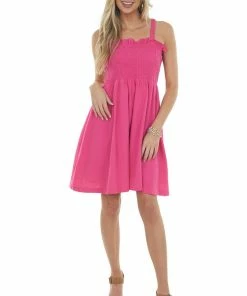 Davi & Dani Magenta Smocked Criss Cross Back Woven Dress