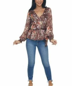Peach Love Tops Chestnut Floral Print Surplice Peplum Blouse