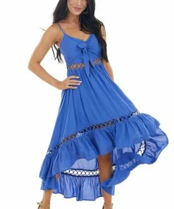 Main Strip Royal Blue High Low Midi Dress With Tie And Peekaboo Details Dresses