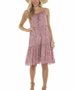 Ces Femme Rich Dusty Rose Paisley Sleeveless Short Dress