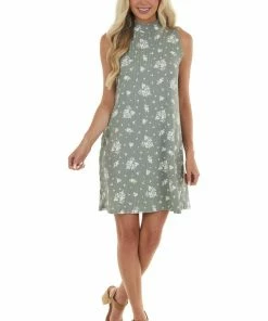 Vanilla Bay Dresses Sage Floral Print Mock Neck Ribbed Dress