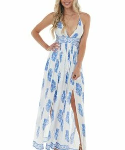 Dress Day Dresses Ivory And Cobalt Blue Floral Print Maxi Dress